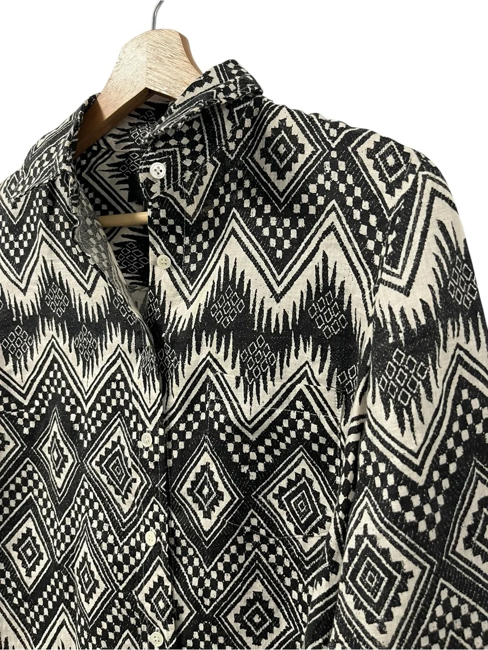 J. Crew BOY 100% Linen Button Front Shirt Women's XS Black White Lightweight